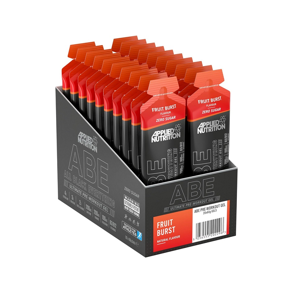 Applied Nutrition ABE-drycksgel, röd Fruit Burst, i kartongställ med flera tuber.