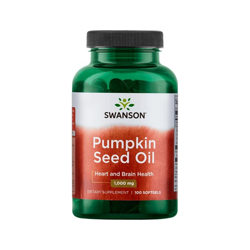 Swanson kapselburk med pumpafröolja 1000 mg, grön flaska med svart skruvkapsyl