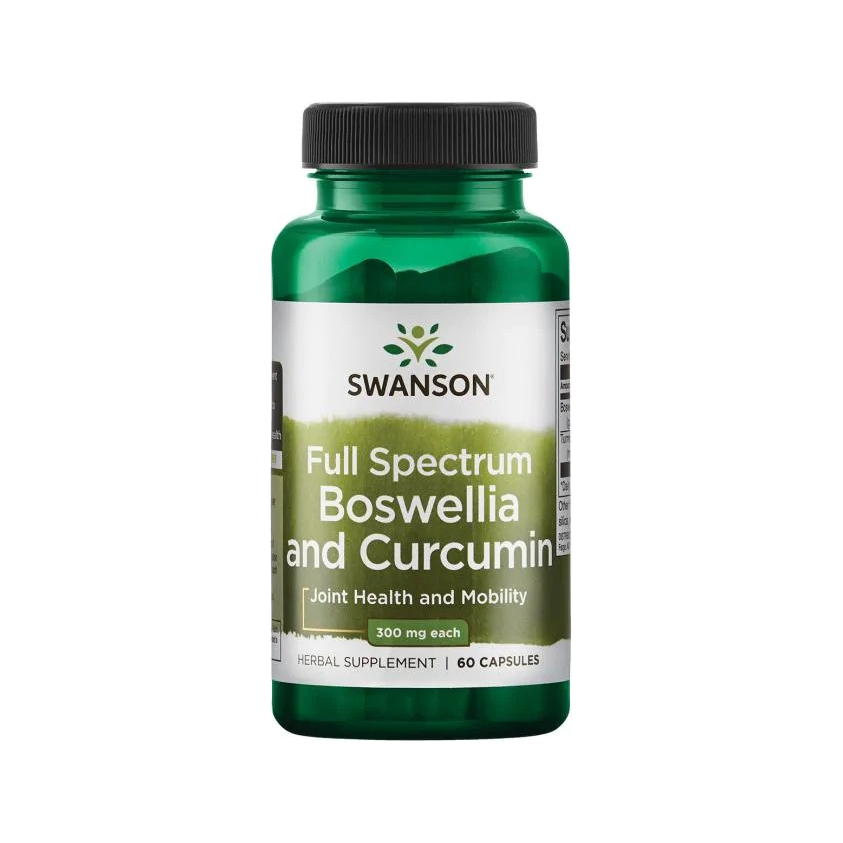 Kosttillskott i grön burk med svart lock, etikett Full Spectrum Boswellia och Curcumin