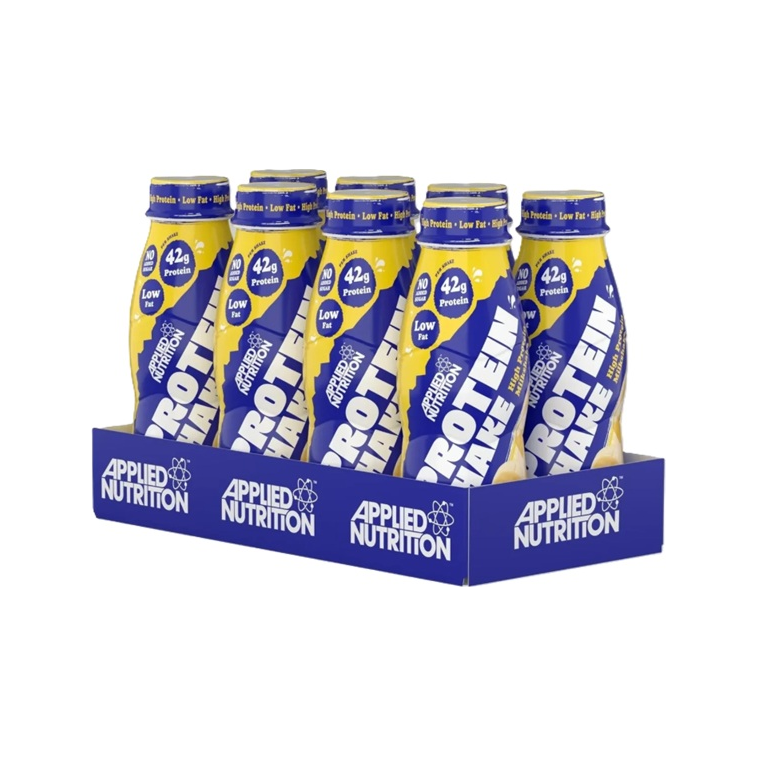 Applied Nutrition proteindryck, 8 x 500 ml, blandade gula och blå flaskor i blå hållare