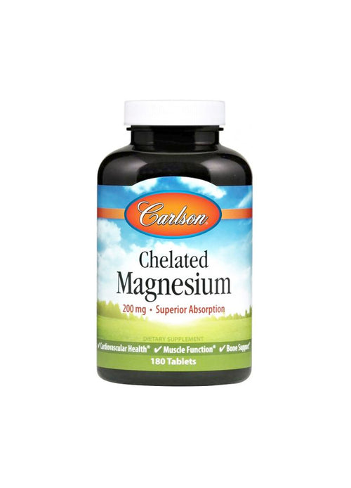 Magnesiumtillskott i tablettflaska med etikett Chelated Magnesium och 200 mg