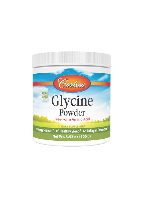 Glycinpulver i burk med etikett, Carlson, 100 g
