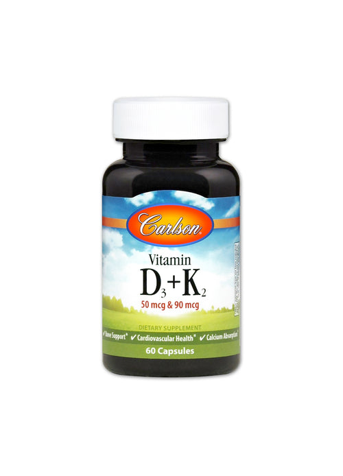 Vitamin D3 + K2 kapslar i svart flaska med vit skruvkapsyl