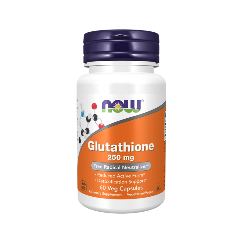Glutation 250 mg kapslar, NOW Foods, flaska med mörklila lock och orange etikett.
