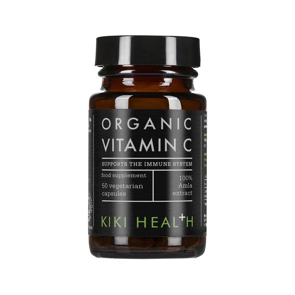 KIKI Health vitamin C-kapselflaska, mörkbrun med svart lock och etikett