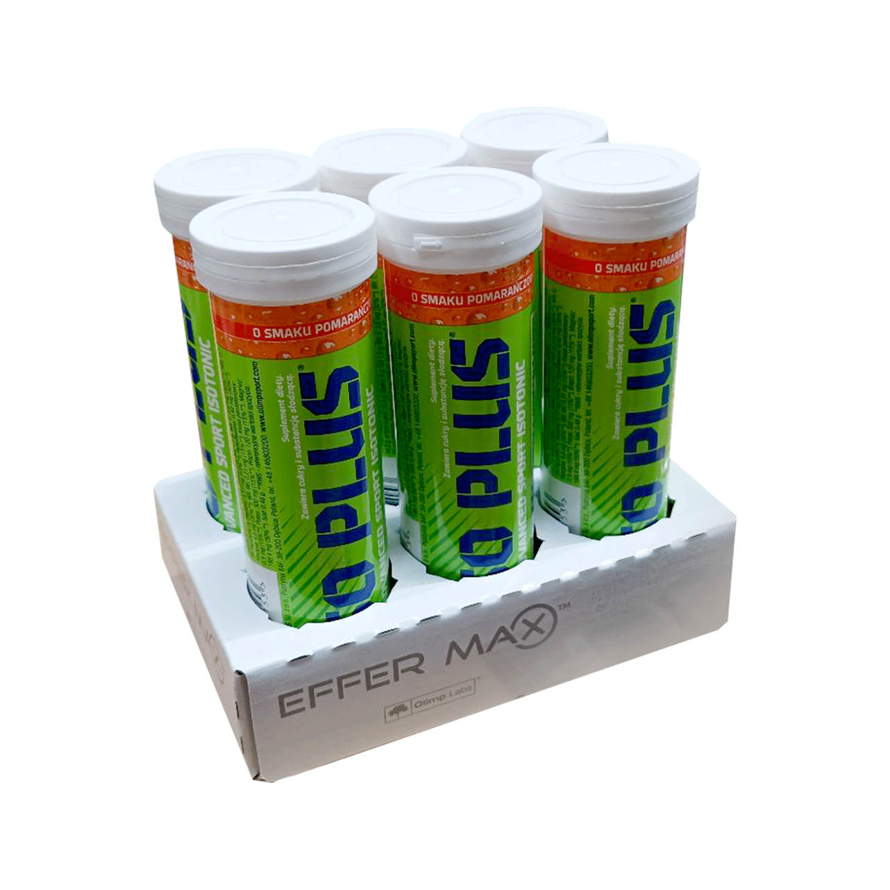 Brustabletterburkar med lock, grön och orange etikett, 6-pack på kartonghållare.