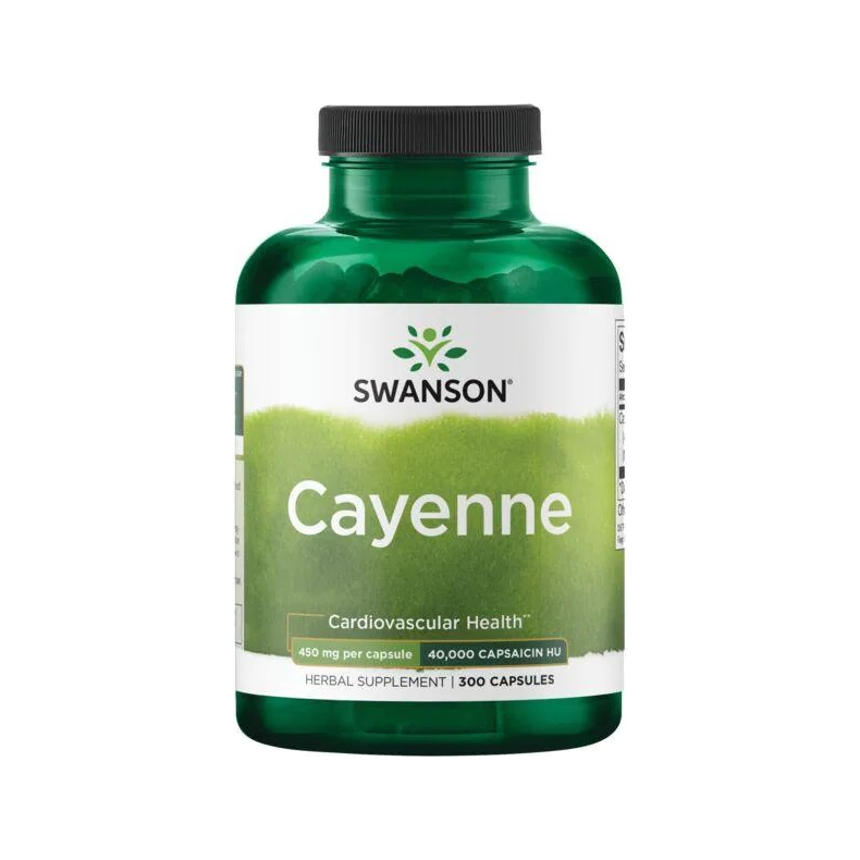 Swanson Cayenne 450 mg kapseltillskott i grön flaska med svart lock, etikett fram