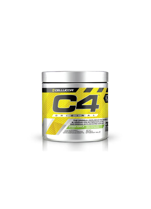 Cellucor C4 Original pre-workout-burk med gul etikett och silverlock