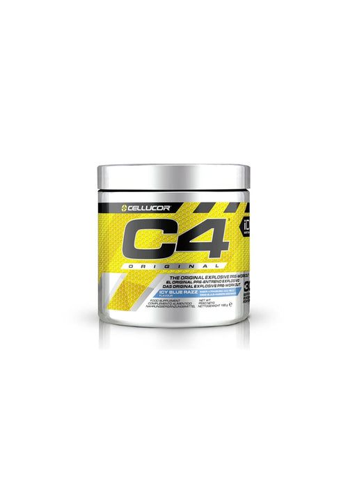Cellucor C4 Original pre-workout-burk, silverlock och gul framsida med C4-logga