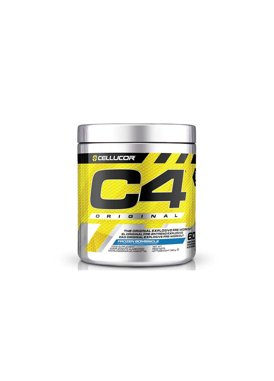 C4 Original pre-workout-burk med rund silverförpackning och gul C4-etikett