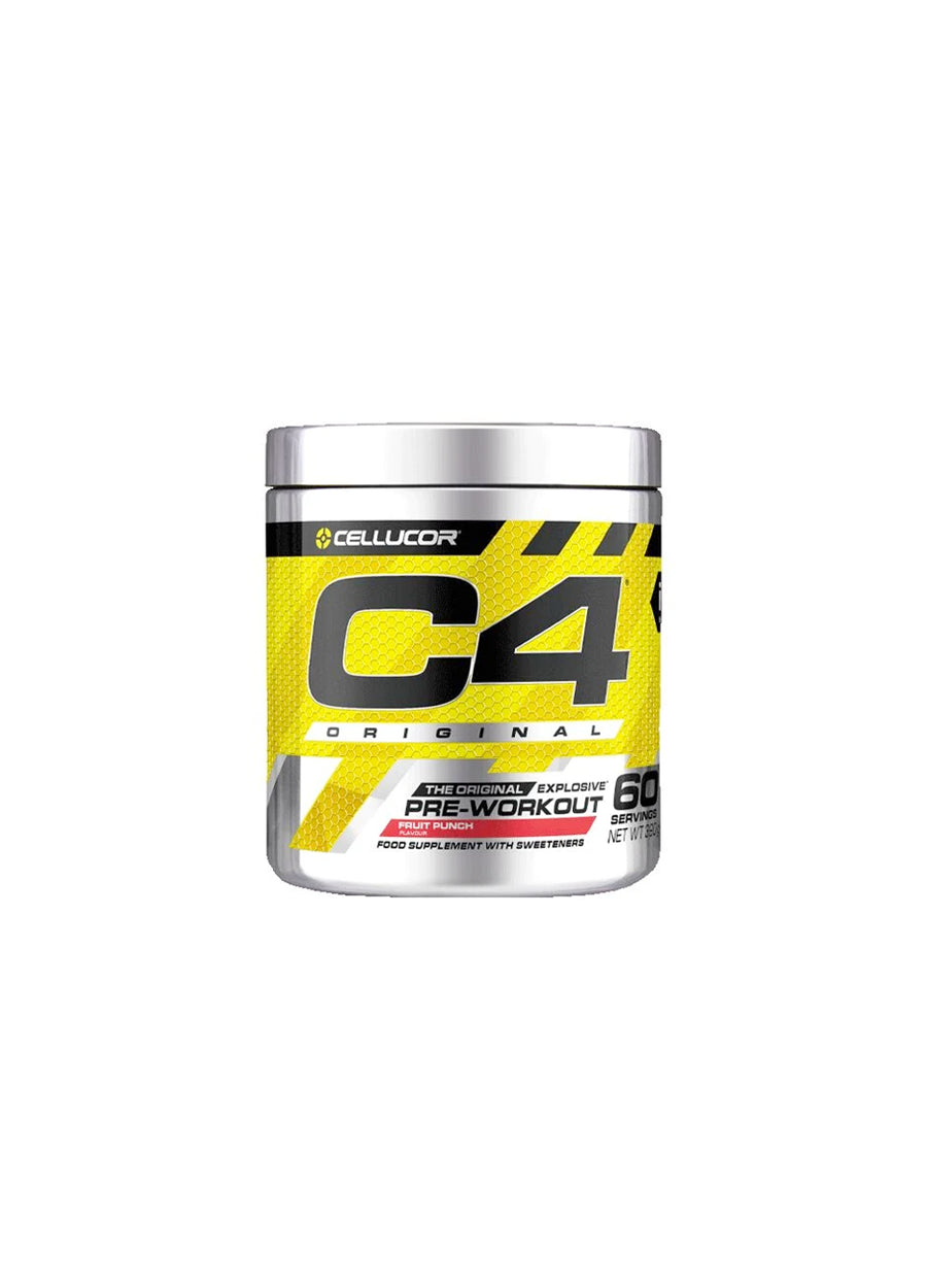 C4 Original pre-workout-burk med gul etikett och svart C4-logga