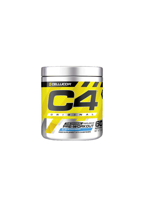 Kosttillskottburk Cellucor C4 med gul design och svart lock.