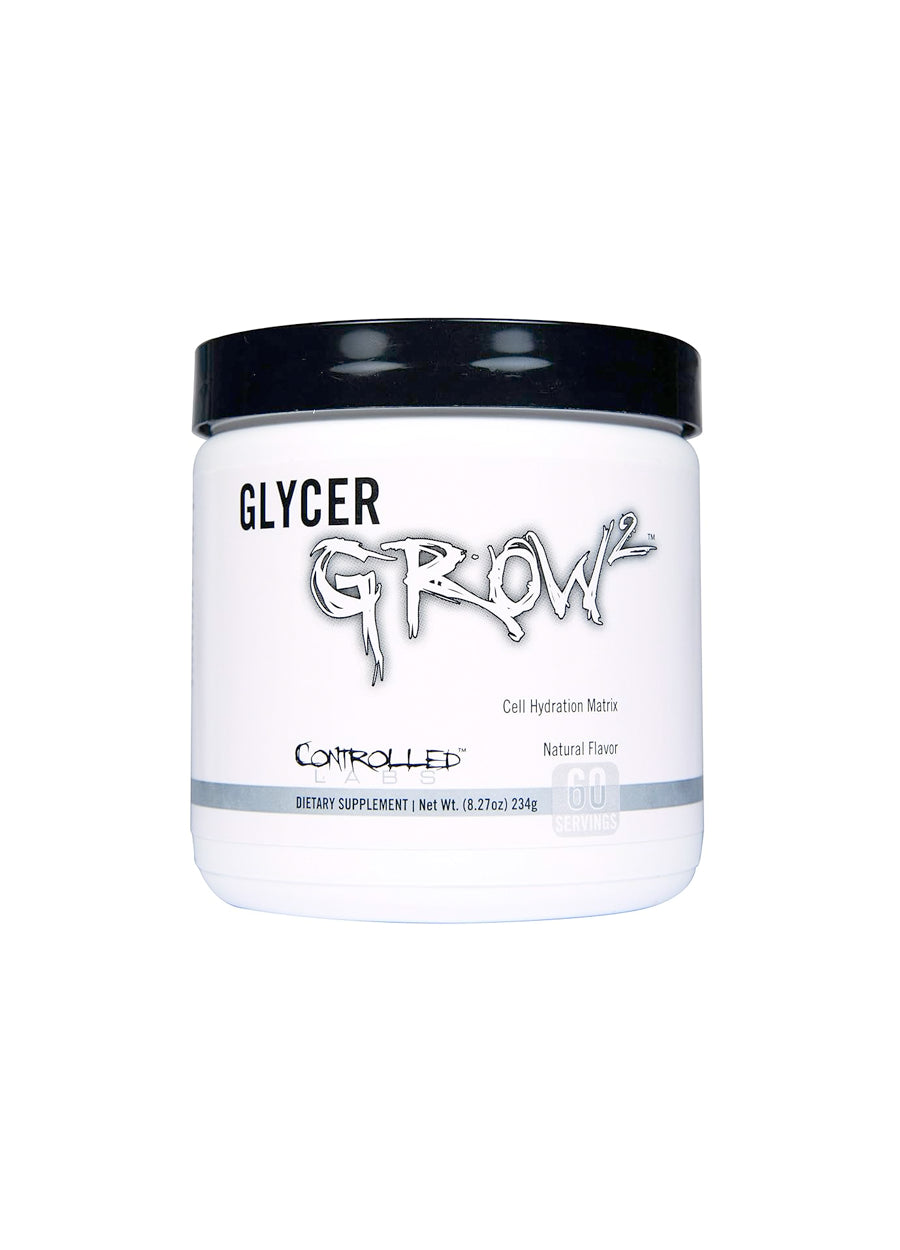 Glycerolpulverburk Controlled Labs GlycerGrow 2 med svart lock och vit etikett