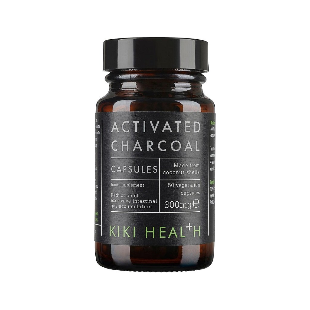 KIKI Health Activated Charcoal kapslar i mörk glasburk med svart lock