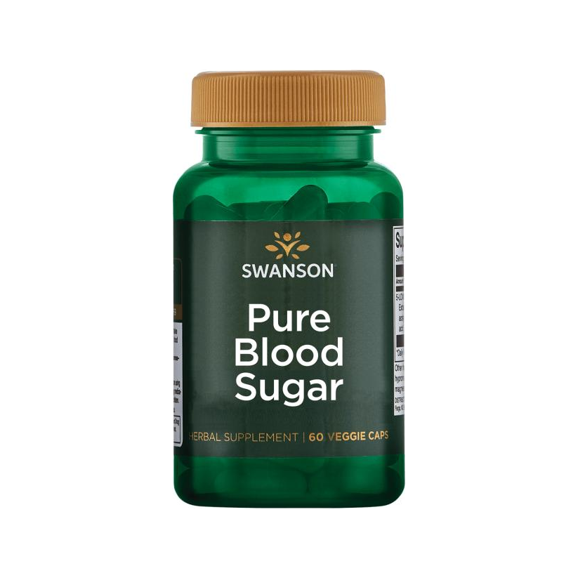 Swanson Pure Blood Sugar kapselburk med grön flaska och brun skruvkork, 60 kapslar