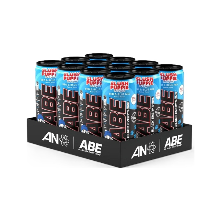 ABE Energy + Performance-dryckesburkar, blå smak med rosa text, 12-pack.