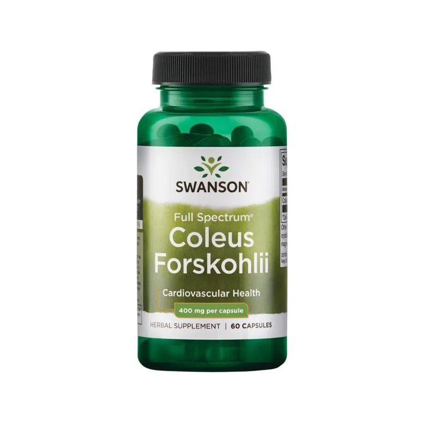 Tillskottflaska med grönt lock och etikett, SWANSON Coleus Forskohlii-kapslar