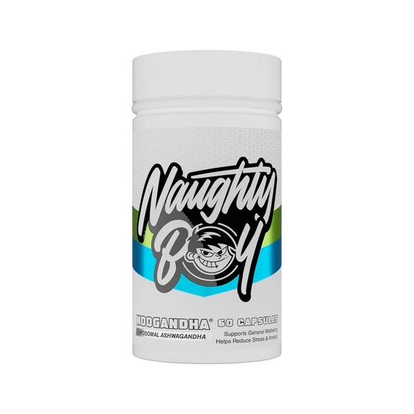 NooGandha-kapslarflaska från Naughty Boy, vit burk med blå och grön etikett