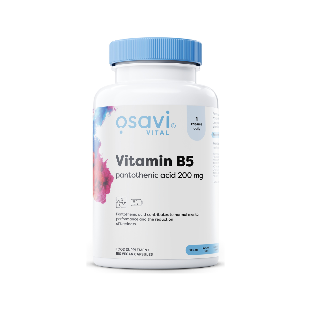Vitamin B5-kapslar i vit flaska med blå lock, 200 mg och 180 kapslar.