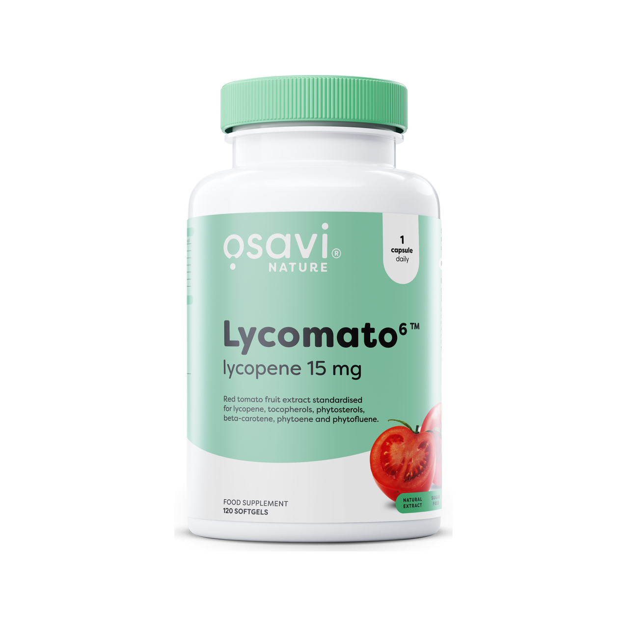 Osavi Lycomato lycopen 15 mg kapseltillskott i vit burk med grön etikett
