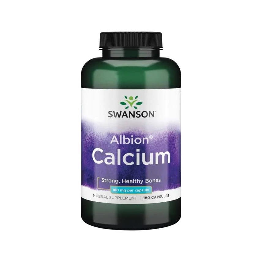 Swanson Albion Calcium kalsiumtillskott i mörk plastflaska med svart skruvlock