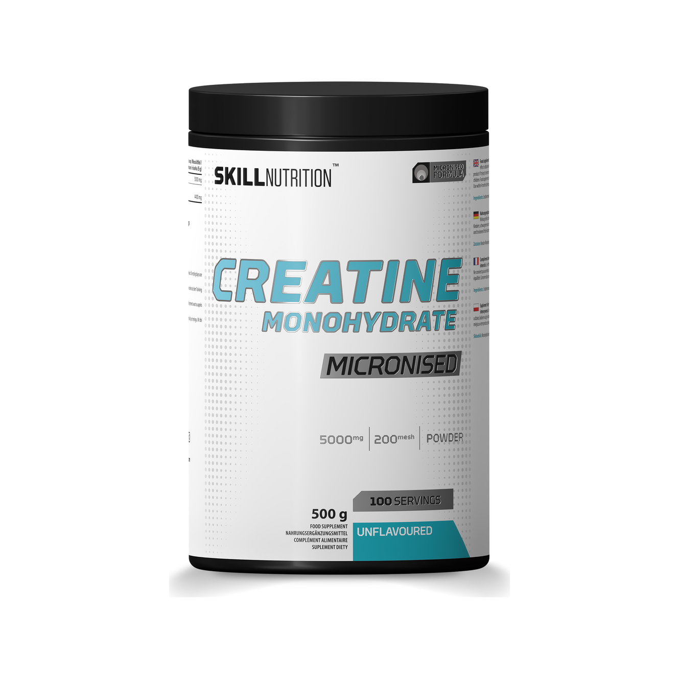 Skill Nutrition creatinmonohydrat, microniserat pulver i burk med etikett