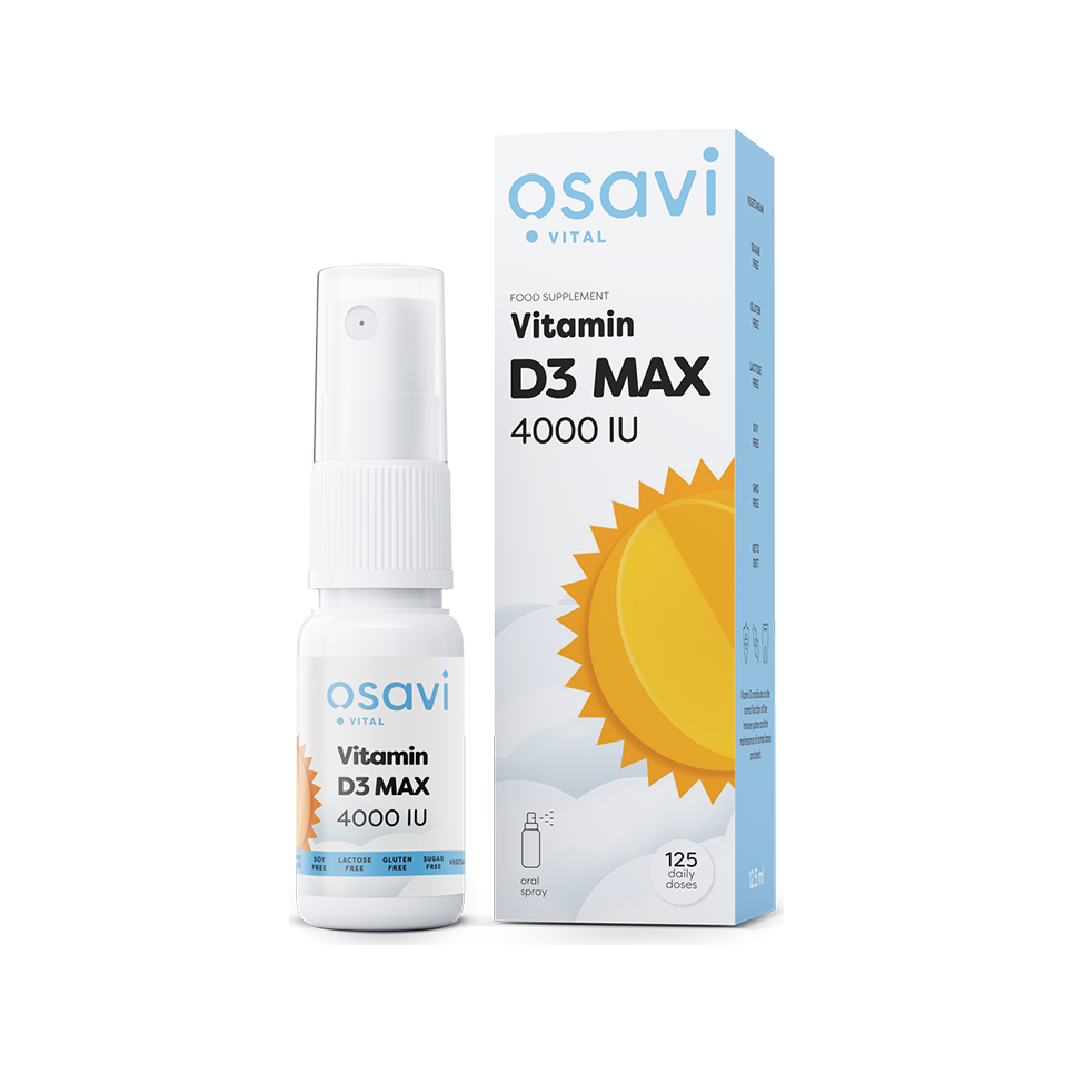 Vitamin D3 oral spray MAX från Osavi, flaska med spraymunstycke och kartong.