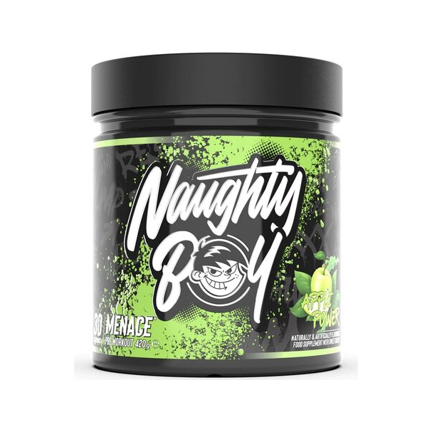 Naughty Boy Menace vitamintillskott i burk med grön etikett, svart lock, 420 g