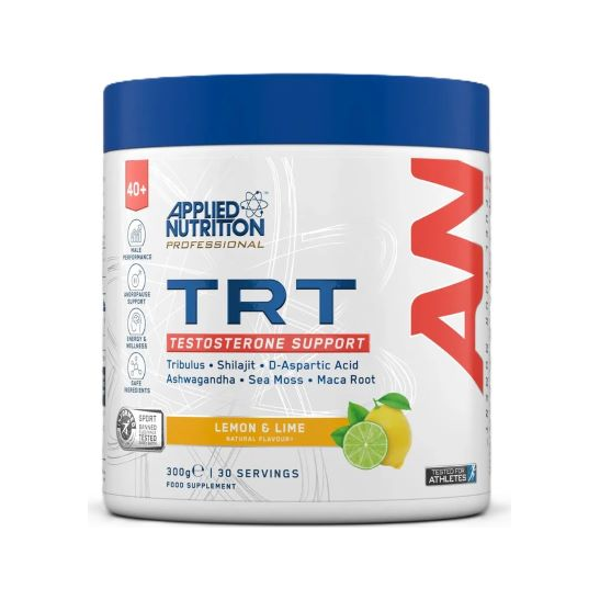 TRT-kosttillskottburk med Lemon & Lime-smak, blå lock och vit burk