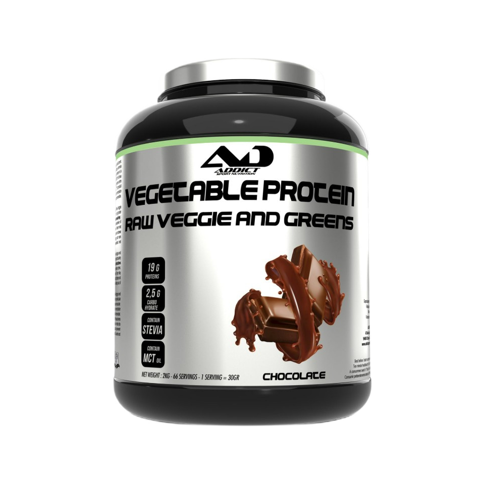 Vegetabiliskt proteinpulver i burk med smak av choklad