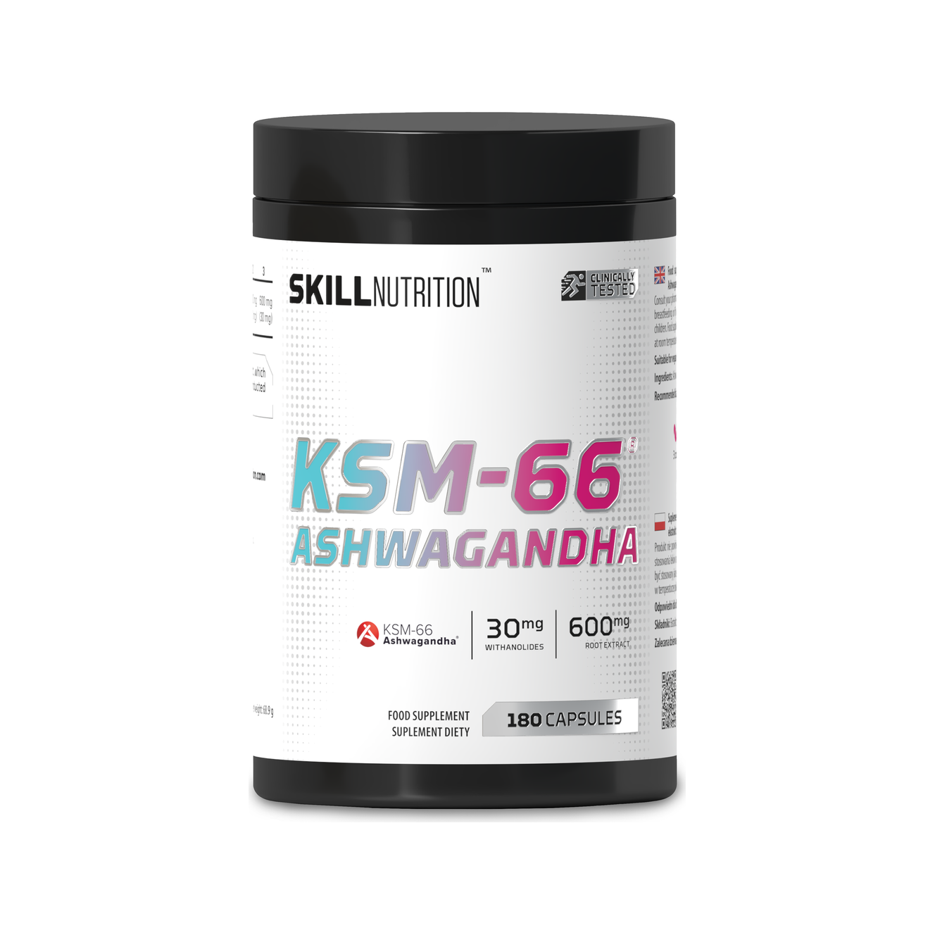 Kapselburk SKILL NUTRITION KSM-66 Ashwagandha, 180 kapslar, svart lock