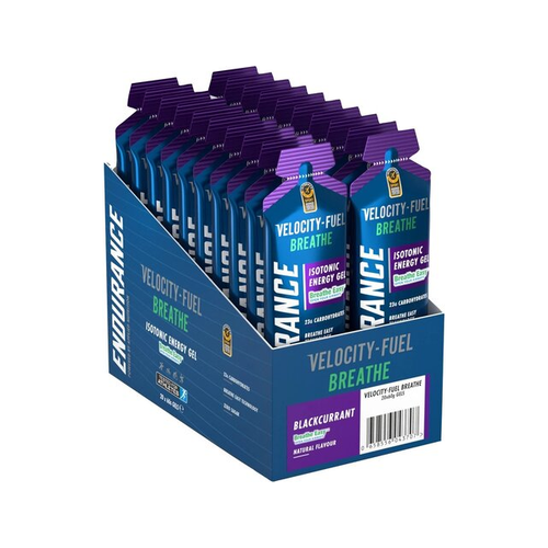 Isotonisk energigel med svarta vinbärssmak, blå kartongförpackning, Velocity-Fuel Breathe
