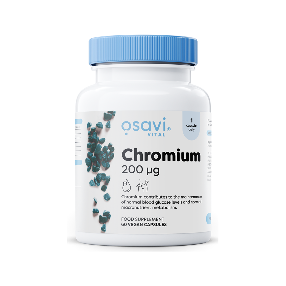 Kapselburk med blå lock, etikett för Chromium 200 µg och 60 vegankapslar.