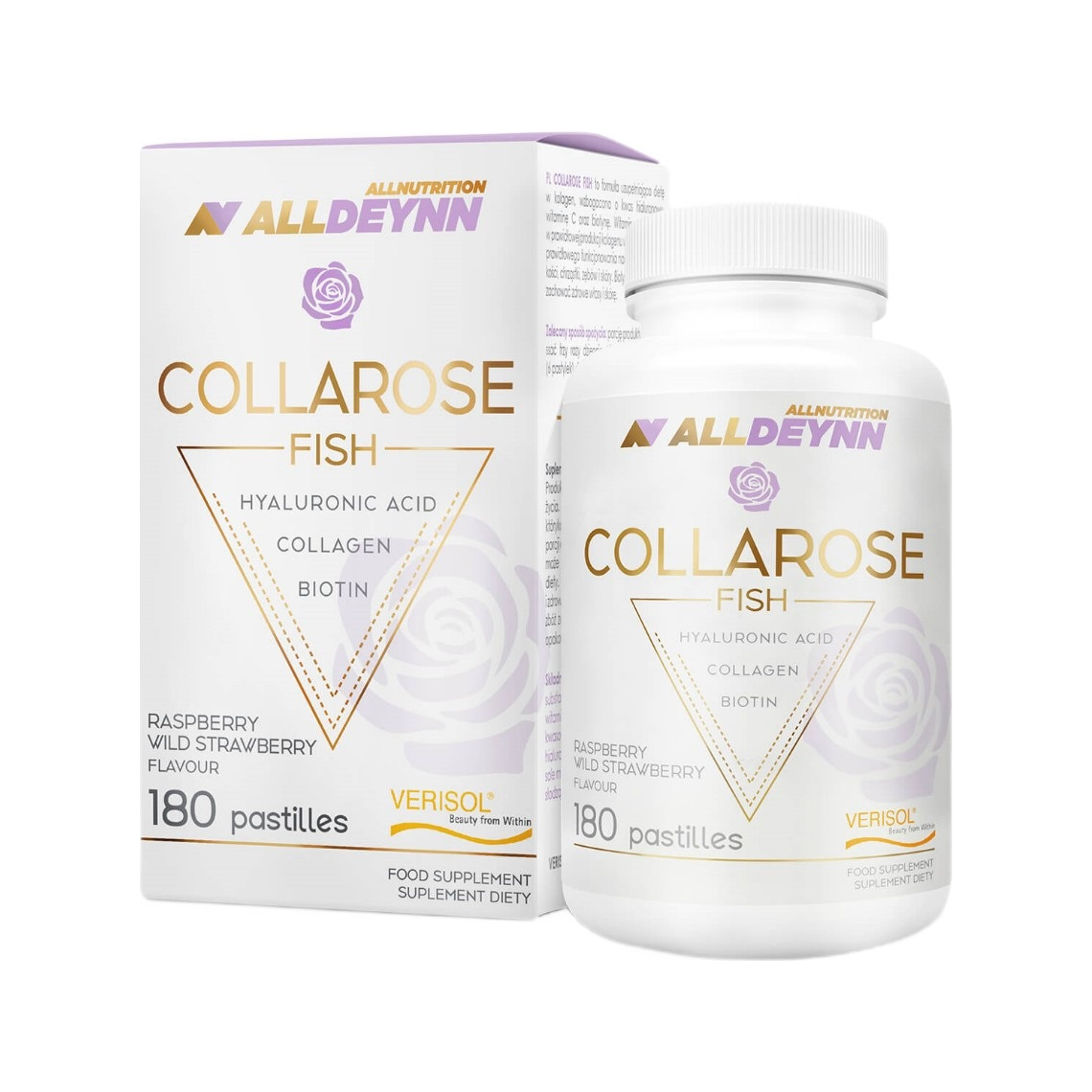 Allnutrition Collarose Fish pastiller, flaska och kartong med hallon och vild jordgubb