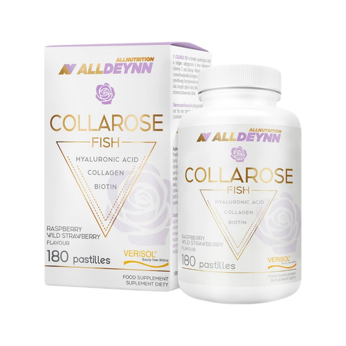 Allnutrition Collarose Fish pastiller, flaska och kartong med hallon och vild jordgubb