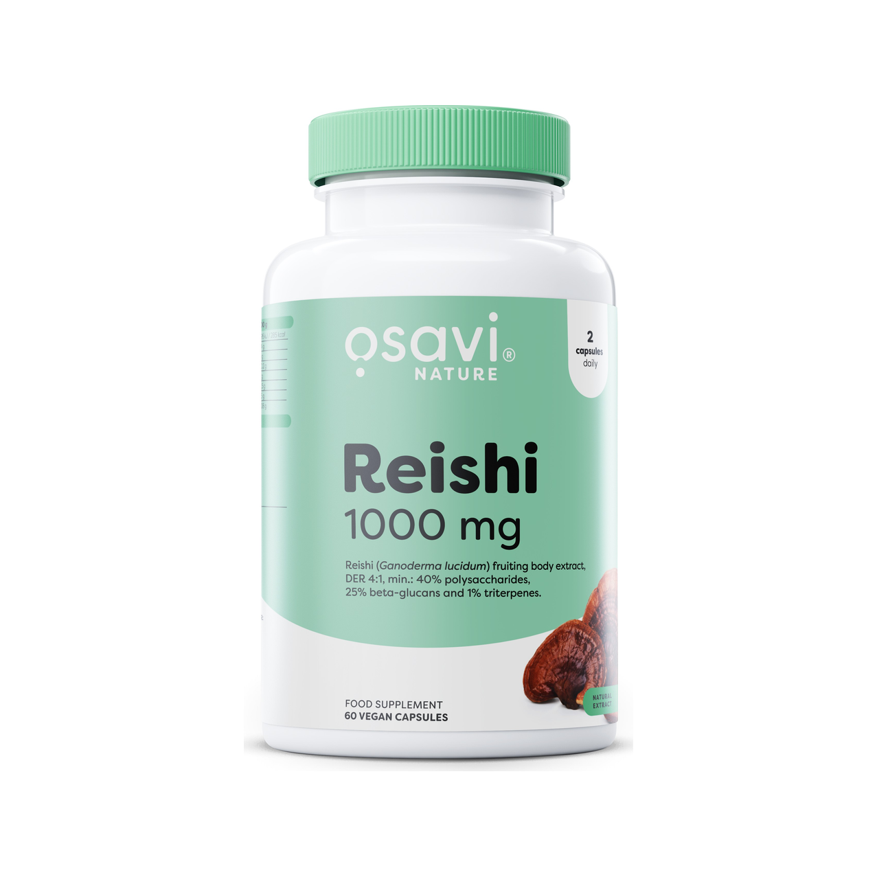 Reishi 1000 mg kosttillskott i vit kapselburk med grön etikett och lock