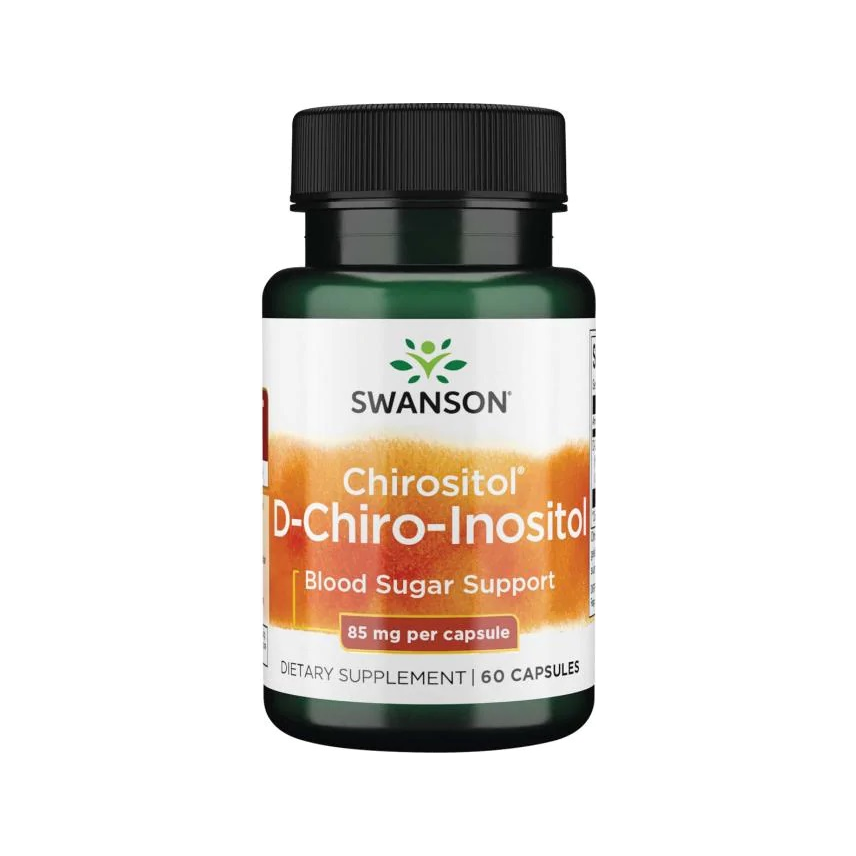 Kapseltillskott i flaska med etikett för Chiro-Inositol 85 mg, 60 kapslar