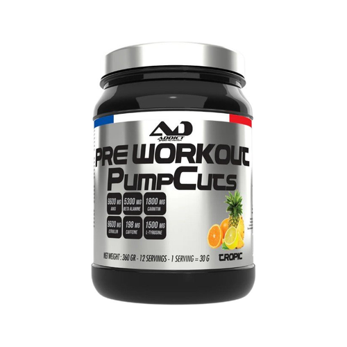 Träningspre-workout-pumpcuts, burk med svart/vit etikett, Tropic-smak