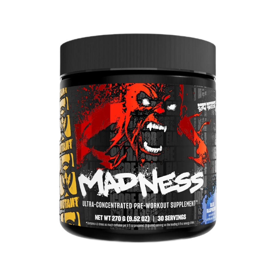 Burk med pre-workout kosttillskott, svart förpackning med demonhuvud och blå inslag.