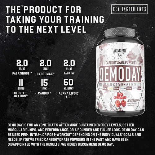 Axe & Sledge Demoday kolhydratpulver i burk, baksida med ingredienser