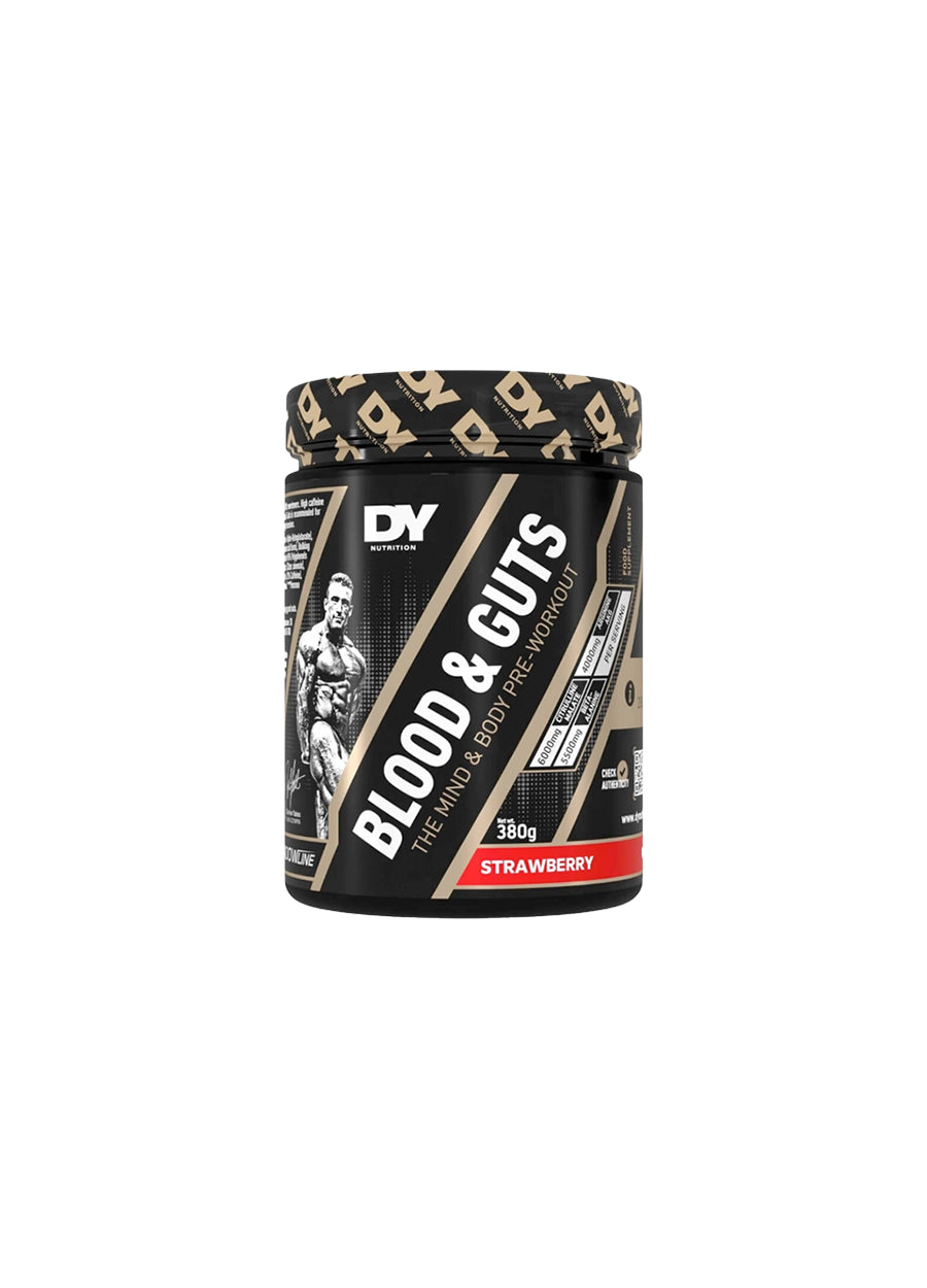 DY Nutrition Blood & Guts PWO 380g Strawberry Framsida