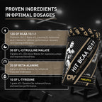 DY Nutrition HIT BCAA 10:1:1 burk med ingrediensschema och angivna doser