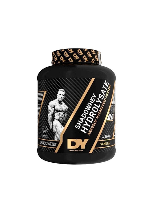 Proteinpulverburk med DY Shadowhey, vaniljsmak, svart lock och etikett