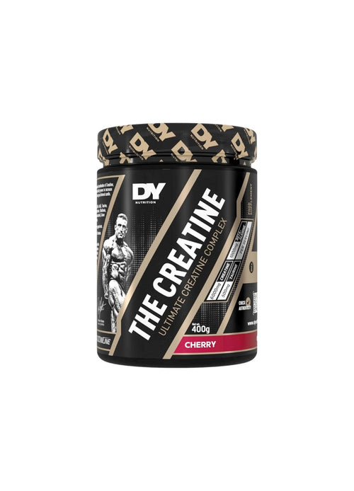 DY Nutrition kreatintillskott 400 g, körsbärssmakad burk med svart etikett