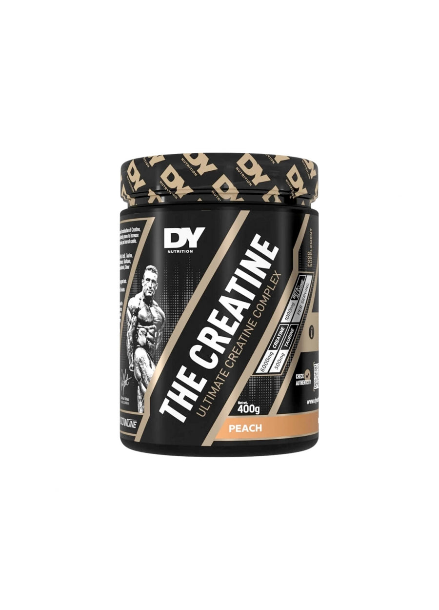DY Nutrition kreatintillskott 400 g, persikosmakad burk med svart etikett