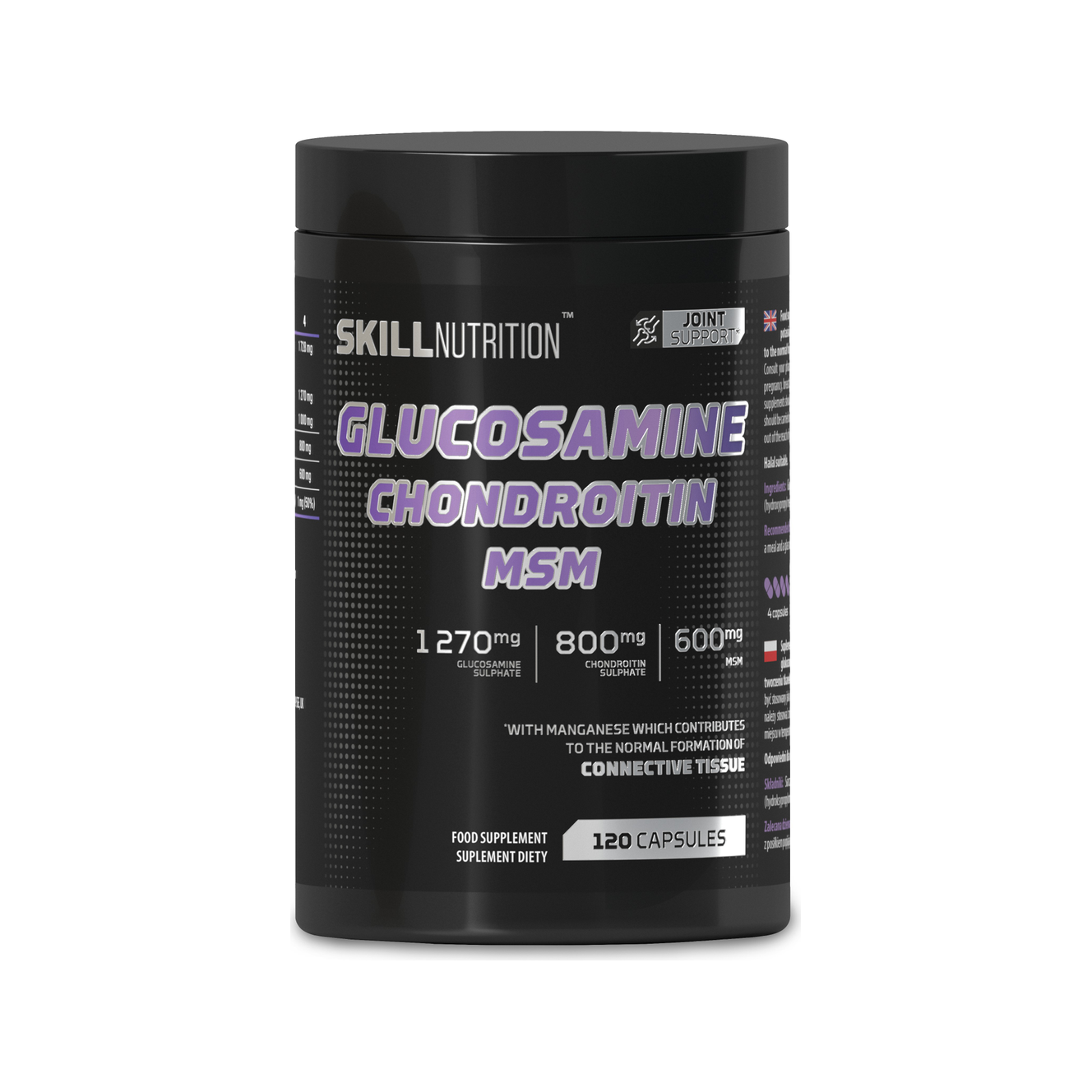 Svart kosttillskottsburk med Glucosamine/Chondroitin/MSM-etikett, 120 kapslar.