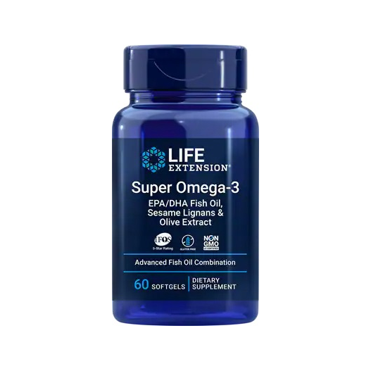 Kapselburk med blå etikett och lock, Life Extension Super Omega-3