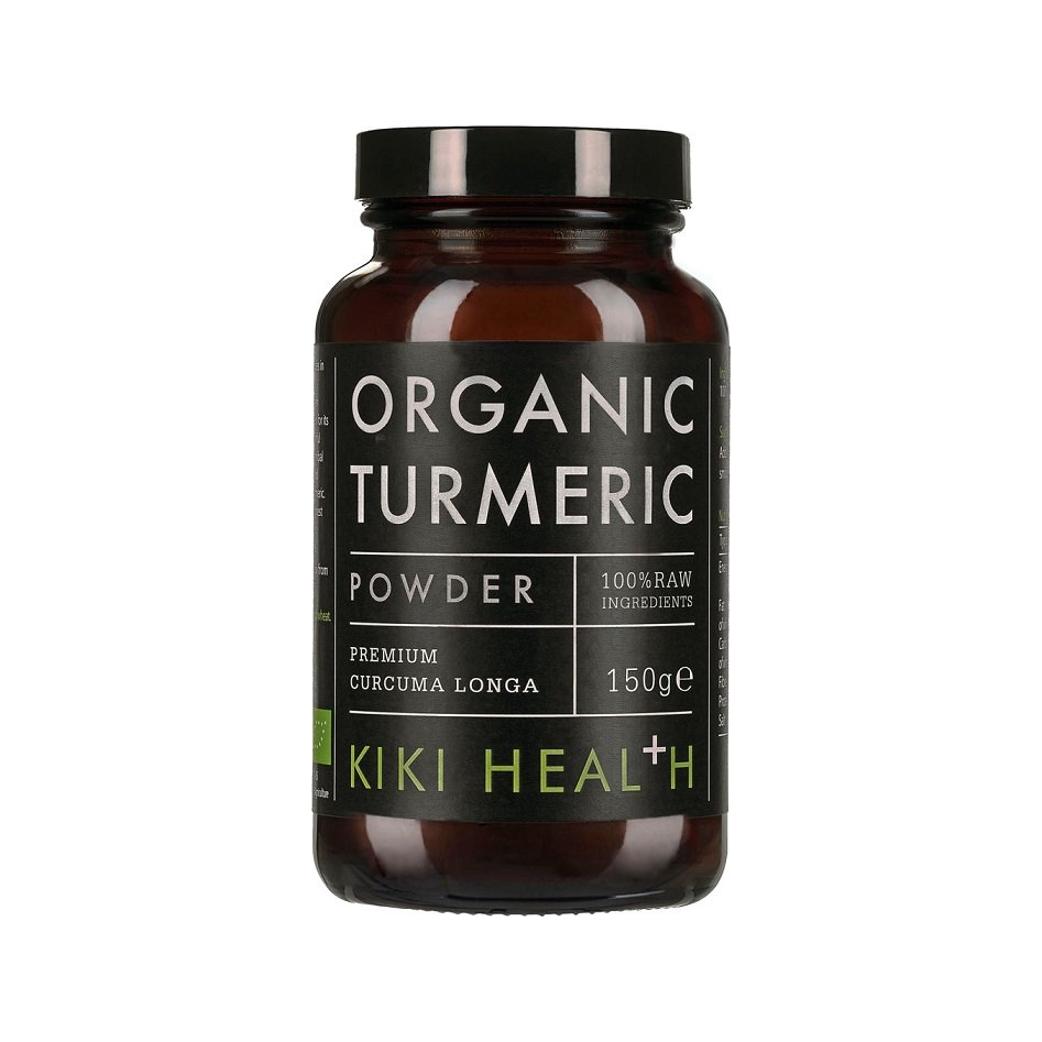 KIKI Health gurkmejapulver i glasburk, 150 g med Organic Turmeric-etikett.