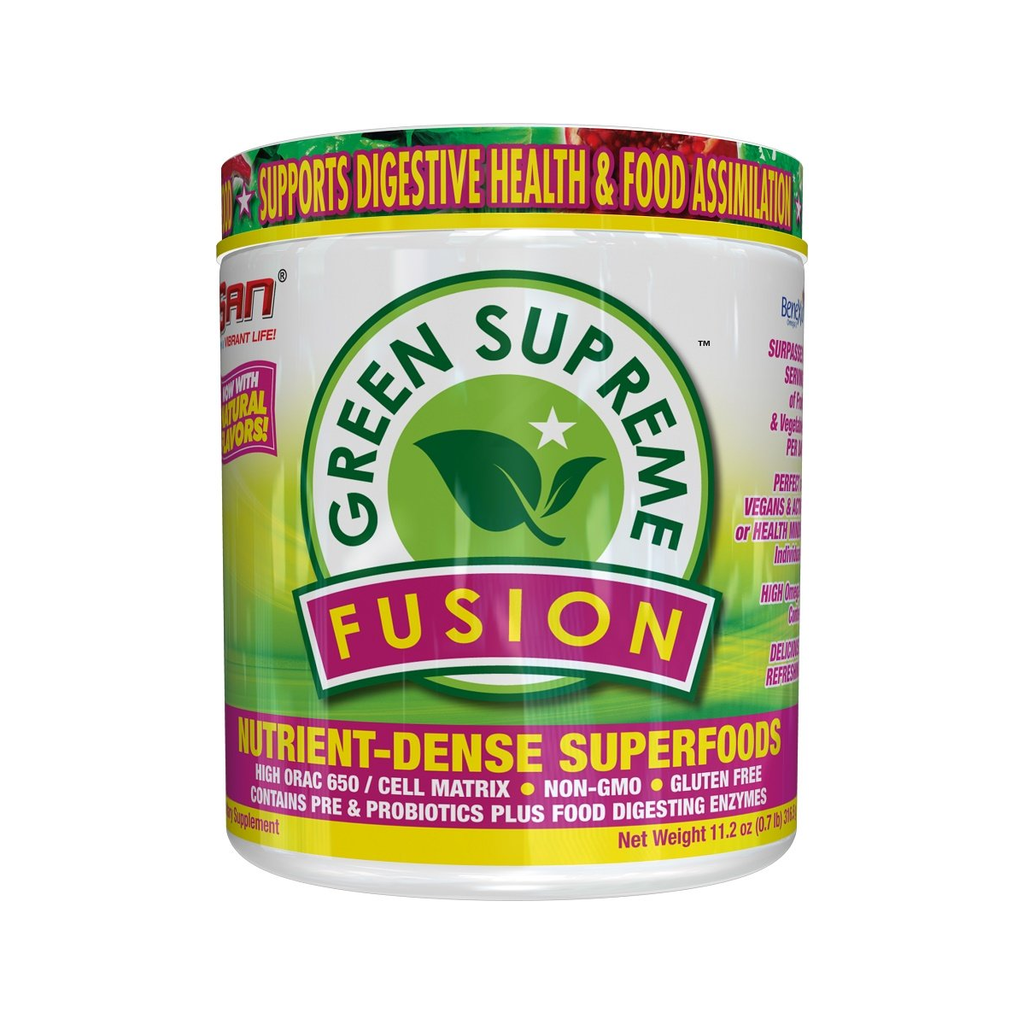 Grön och gul kosttillskottburk med etikett 'Green Supreme Fusion'.