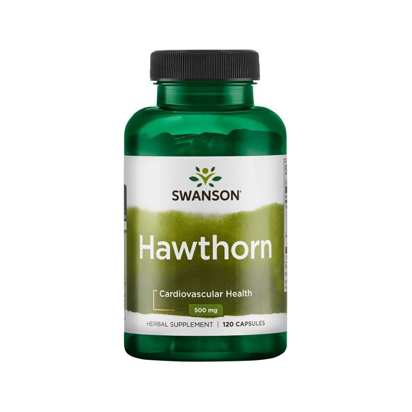 Swanson hagtorsextrakt 500 mg kosttillskott, kapselburk med etikett 120 kapslar